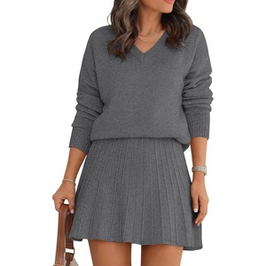image:imageANRABESS 2 Piece Skirt Sets for Women Sweaters Set  Long Sleeve V Neck Pullover Sweaters Pleated Mini Skirt Fall Winter TrendyComfy CuteLounge Casual Travel Going OutDark Grey