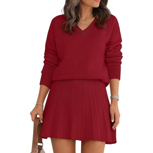 image:imageANRABESS 2 Piece Skirt Sets for Women Sweaters Set  Long Sleeve V Neck Pullover Sweaters Pleated Mini Skirt Fall Winter TrendyComfy CuteLounge Casual Travel Going OutRed