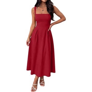 image:imageANRABESS Cocktail Dresses for Women Square Neck  A Line Sleeveless Pleated Flowy Swing Elegant Formal Wedding Guest Party Maxi Summer DressRed