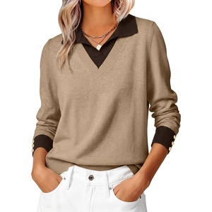 image:imageANRABESS Sweaters for Women Long Sleeve V Neck Polo Shirts  Color Block 2 in 1 Knit Button Cuffs Pullover Sweater Tops Lightweight Business Casual Outfits Cozy Daily Wear Fall ClothesTan