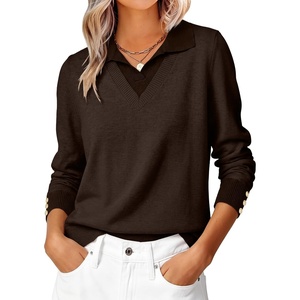 image:imageANRABESS Sweaters for Women Long Sleeve V Neck Polo Shirts  Color Block 2 in 1 Knit Button Cuffs Pullover Sweater Tops Lightweight Business Casual Outfits Cozy Daily Wear Fall ClothesBrown