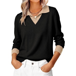 image:imageANRABESS Sweaters for Women Long Sleeve V Neck Polo Shirts  Color Block 2 in 1 Knit Button Cuffs Pullover Sweater Tops Lightweight Business Casual Outfits Cozy Daily Wear Fall ClothesBlack