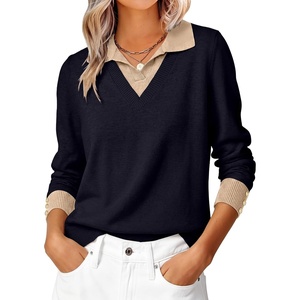 image:imageANRABESS Sweaters for Women Long Sleeve V Neck Polo Shirts  Color Block 2 in 1 Knit Button Cuffs Pullover Sweater Tops Lightweight Business Casual Outfits Cozy Daily Wear Fall ClothesNavy Blue