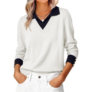 image:imageANRABESS Sweaters for Women Long Sleeve V Neck Polo Shirts  Color Block 2 in 1 Knit Button Cuffs Pullover Sweater Tops Lightweight Business Casual Outfits Cozy Daily Wear Fall ClothesWhite