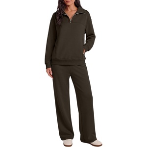 image:imageANRABESS Sweatsuit for Women 2 Piece Outfits Half Zip Lounge Set  WrinkleFree TracksuitAirport Travel Matching Sets High Waisted Wide Leg Sweatpants Casual WorkoutFall Winter ClothingCoffee