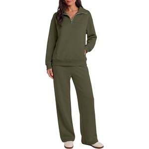 image:imageANRABESS Sweatsuit for Women 2 Piece Outfits Half Zip Lounge Set  WrinkleFree TracksuitAirport Travel Matching Sets High Waisted Wide Leg Sweatpants Casual WorkoutFall Winter ClothingArmy Green