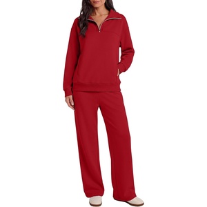 image:imageANRABESS Sweatsuit for Women 2 Piece Outfits Half Zip Lounge Set  WrinkleFree TracksuitAirport Travel Matching Sets High Waisted Wide Leg Sweatpants Casual WorkoutFall Winter ClothingRed
