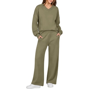 image:imageANRABESS Two Piece Lounge Sets for Women V Neck Sweatsuits  Oversized Sweatshirts Wide Leg Pants Track Suits Soft Vacation Airport Outfits Fall Winter Casual Matching Sweat setArmy Green