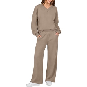 image:imageANRABESS Two Piece Lounge Sets for Women V Neck Sweatsuits  Oversized Sweatshirts Wide Leg Pants Track Suits Soft Vacation Airport Outfits Fall Winter Casual Matching Sweat setKhaki