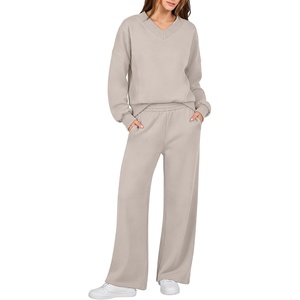 image:imageANRABESS Two Piece Lounge Sets for Women V Neck Sweatsuits  Oversized Sweatshirts Wide Leg Pants Track Suits Soft Vacation Airport Outfits Fall Winter Casual Matching Sweat setGrey Khaki