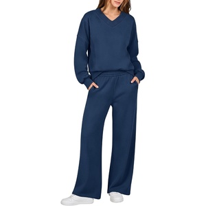 image:imageANRABESS Two Piece Lounge Sets for Women V Neck Sweatsuits  Oversized Sweatshirts Wide Leg Pants Track Suits Soft Vacation Airport Outfits Fall Winter Casual Matching Sweat setNavy Blue