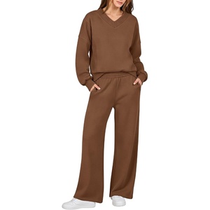image:imageANRABESS Two Piece Lounge Sets for Women V Neck Sweatsuits  Oversized Sweatshirts Wide Leg Pants Track Suits Soft Vacation Airport Outfits Fall Winter Casual Matching Sweat setBrown