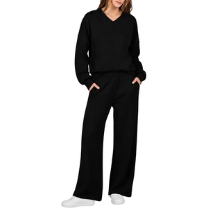 image:imageANRABESS Two Piece Lounge Sets for Women V Neck Sweatsuits  Oversized Sweatshirts Wide Leg Pants Track Suits Soft Vacation Airport Outfits Fall Winter Casual Matching Sweat setBlack