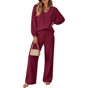 image:imageANRABESS Two Piece Sets for Women Fall Lounge Airport Outfits  Long Sleeve Top amp Wide Leg Pants2026 Fashion Winter Matching Track Suits SetComfiest SoftTravel Vacation Casual Daily WearDeep Red