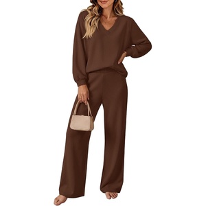 image:imageANRABESS Two Piece Sets for Women Fall Lounge Airport Outfits  Long Sleeve Top amp Wide Leg Pants2026 Fashion Winter Matching Track Suits SetComfiest SoftTravel Vacation Casual Daily WearBrown