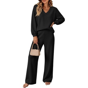 image:imageANRABESS Two Piece Sets for Women Fall Lounge Airport Outfits  Long Sleeve Top amp Wide Leg Pants2026 Fashion Winter Matching Track Suits SetComfiest SoftTravel Vacation Casual Daily WearBlack