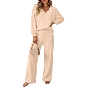 image:imageANRABESS Two Piece Sets for Women Fall Lounge Airport Outfits  Long Sleeve Top amp Wide Leg Pants2026 Fashion Winter Matching Track Suits SetComfiest SoftTravel Vacation Casual Daily WearBeige