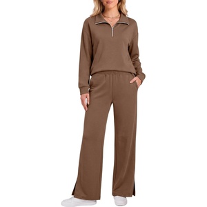 image:imageANRABESS Two Piece Sets for Women Half Zip Sweatsuits  Quarter Zip Pullover Sweatshirt amp Wide Leg Pants Matching Sets2026 Fall Fashion Airport Travel OutfitsLounge Clothing SetsBrown