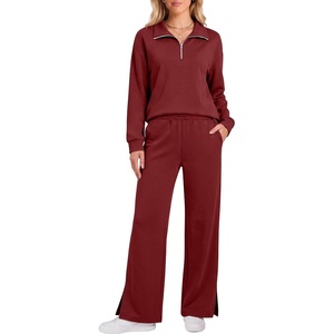 image:imageANRABESS Two Piece Sets for Women Half Zip Sweatsuits  Quarter Zip Pullover Sweatshirt amp Wide Leg Pants Matching Sets2026 Fall Fashion Airport Travel OutfitsLounge Clothing SetsRed