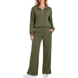 image:imageANRABESS Two Piece Sets for Women Half Zip Sweatsuits  Quarter Zip Pullover Sweatshirt amp Wide Leg Pants Matching Sets2026 Fall Fashion Airport Travel OutfitsLounge Clothing SetsArmy Green