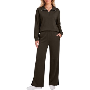 image:imageANRABESS Two Piece Sets for Women Half Zip Sweatsuits  Quarter Zip Pullover Sweatshirt amp Wide Leg Pants Matching Sets2026 Fall Fashion Airport Travel OutfitsLounge Clothing SetsDark Brown
