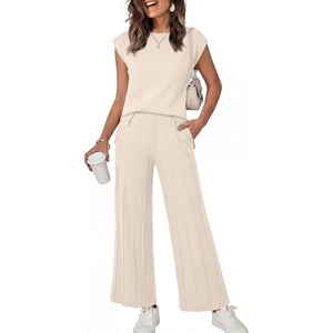 image:imageANRABESS Two Piece Sets for Women Summer Casual Knit Sweater Vest Pants Set Vacation Airport Clothes 2026 Fall OutfitsApricot