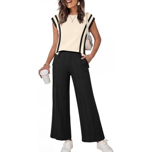 image:imageANRABESS Two Piece Sets for Women Summer Casual Knit Sweater Vest Pants Set Vacation Airport Clothes 2026 Fall OutfitsApricotblack