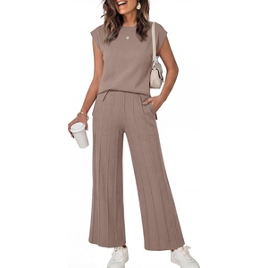 image:imageANRABESS Two Piece Sets for Women Summer Casual Knit Sweater Vest Pants Set Vacation Airport Clothes 2026 Fall OutfitsBrown