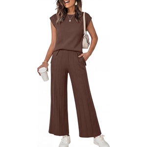 image:imageANRABESS Two Piece Sets for Women Summer Casual Knit Sweater Vest Pants Set Vacation Airport Clothes 2026 Fall OutfitsCoffee