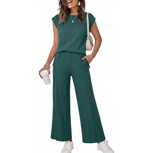image:imageANRABESS Two Piece Sets for Women Summer Casual Knit Sweater Vest Pants Set Vacation Airport Clothes 2026 Fall OutfitsDark Green
