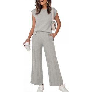 image:imageANRABESS Two Piece Sets for Women Summer Casual Knit Sweater Vest Pants Set Vacation Airport Clothes 2026 Fall OutfitsGrey