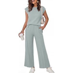 image:imageANRABESS Two Piece Sets for Women Summer Casual Knit Sweater Vest Pants Set Vacation Airport Clothes 2026 Fall OutfitsGrey Green