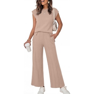image:imageANRABESS Two Piece Sets for Women Summer Casual Knit Sweater Vest Pants Set Vacation Airport Clothes 2026 Fall OutfitsKhaki