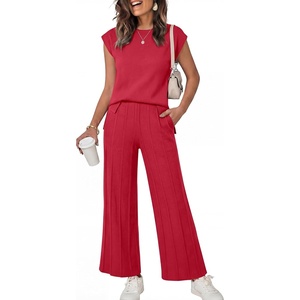 image:imageANRABESS Two Piece Sets for Women Summer Casual Knit Sweater Vest Pants Set Vacation Airport Clothes 2026 Fall OutfitsRed