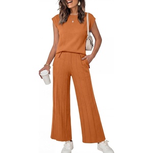 image:imageANRABESS Two Piece Sets for Women Summer Casual Knit Sweater Vest Pants Set Vacation Airport Clothes 2026 Fall OutfitsRust
