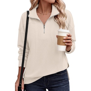 image:imageANRABESS Waffle Knit Sweatshirt for Women Lightweight Shirts  Comfy Long Sleeve Quarter Zip Pullover Tops Loose Fit Side Slits Casual Daily Wear amp Work Fall Spring OutfitsBeige