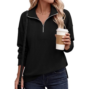 image:imageANRABESS Waffle Knit Sweatshirt for Women Lightweight Shirts  Comfy Long Sleeve Quarter Zip Pullover Tops Loose Fit Side Slits Casual Daily Wear amp Work Fall Spring OutfitsBlack