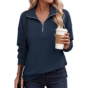 image:imageANRABESS Waffle Knit Sweatshirt for Women Lightweight Shirts  Comfy Long Sleeve Quarter Zip Pullover Tops Loose Fit Side Slits Casual Daily Wear amp Work Fall Spring OutfitsNavy Blue