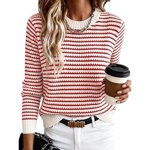image:imageANRABESS Women Long Sleeve Striped Crochet Sweater Top  Crew Neck Knit Pullover Comfy Soft Lightweight Clothes Casual Daily Wear Travel amp Vacation Fall Spring Trendy OutfitsWhite Red