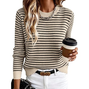 image:imageANRABESS Women Long Sleeve Striped Crochet Sweater Top  Crew Neck Knit Pullover Comfy Soft Lightweight Clothes Casual Daily Wear Travel amp Vacation Fall Spring Trendy OutfitsApricot Black