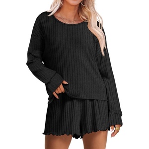 image:imageANRABESS Womens 2 Piece Lounge Pajama Sets Casual Ribbed Long Sleeve Top Matching Shorts Sleepwear PJ Set 2026 Fall OutfitsBlack