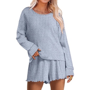 image:imageANRABESS Womens 2 Piece Lounge Pajama Sets Casual Ribbed Long Sleeve Top Matching Shorts Sleepwear PJ Set 2026 Fall OutfitsBlue