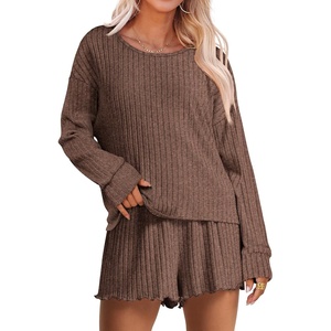 image:imageANRABESS Womens 2 Piece Lounge Pajama Sets Casual Ribbed Long Sleeve Top Matching Shorts Sleepwear PJ Set 2026 Fall OutfitsBrown