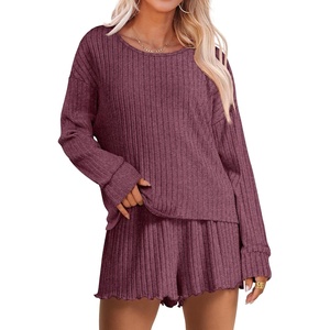 image:imageANRABESS Womens 2 Piece Lounge Pajama Sets Casual Ribbed Long Sleeve Top Matching Shorts Sleepwear PJ Set 2026 Fall OutfitsDark Red
