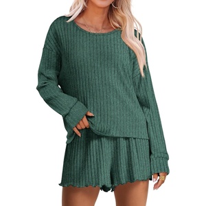 image:imageANRABESS Womens 2 Piece Lounge Pajama Sets Casual Ribbed Long Sleeve Top Matching Shorts Sleepwear PJ Set 2026 Fall OutfitsGreen