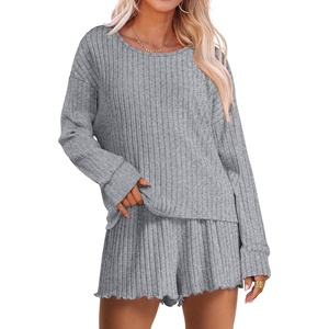 image:imageANRABESS Womens 2 Piece Lounge Pajama Sets Casual Ribbed Long Sleeve Top Matching Shorts Sleepwear PJ Set 2026 Fall OutfitsGrey