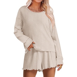image:imageANRABESS Womens 2 Piece Lounge Pajama Sets Casual Ribbed Long Sleeve Top Matching Shorts Sleepwear PJ Set 2026 Fall OutfitsLight Khaki