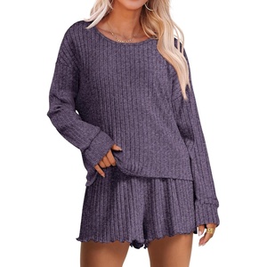 image:imageANRABESS Womens 2 Piece Lounge Pajama Sets Casual Ribbed Long Sleeve Top Matching Shorts Sleepwear PJ Set 2026 Fall OutfitsPurple