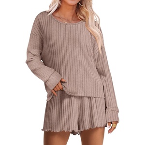 image:imageANRABESS Womens 2 Piece Lounge Pajama Sets Casual Ribbed Long Sleeve Top Matching Shorts Sleepwear PJ Set 2026 Fall OutfitsTan