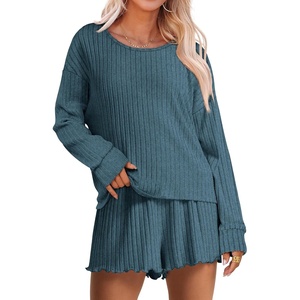 image:imageANRABESS Womens 2 Piece Lounge Pajama Sets Casual Ribbed Long Sleeve Top Matching Shorts Sleepwear PJ Set 2026 Fall OutfitsTeal